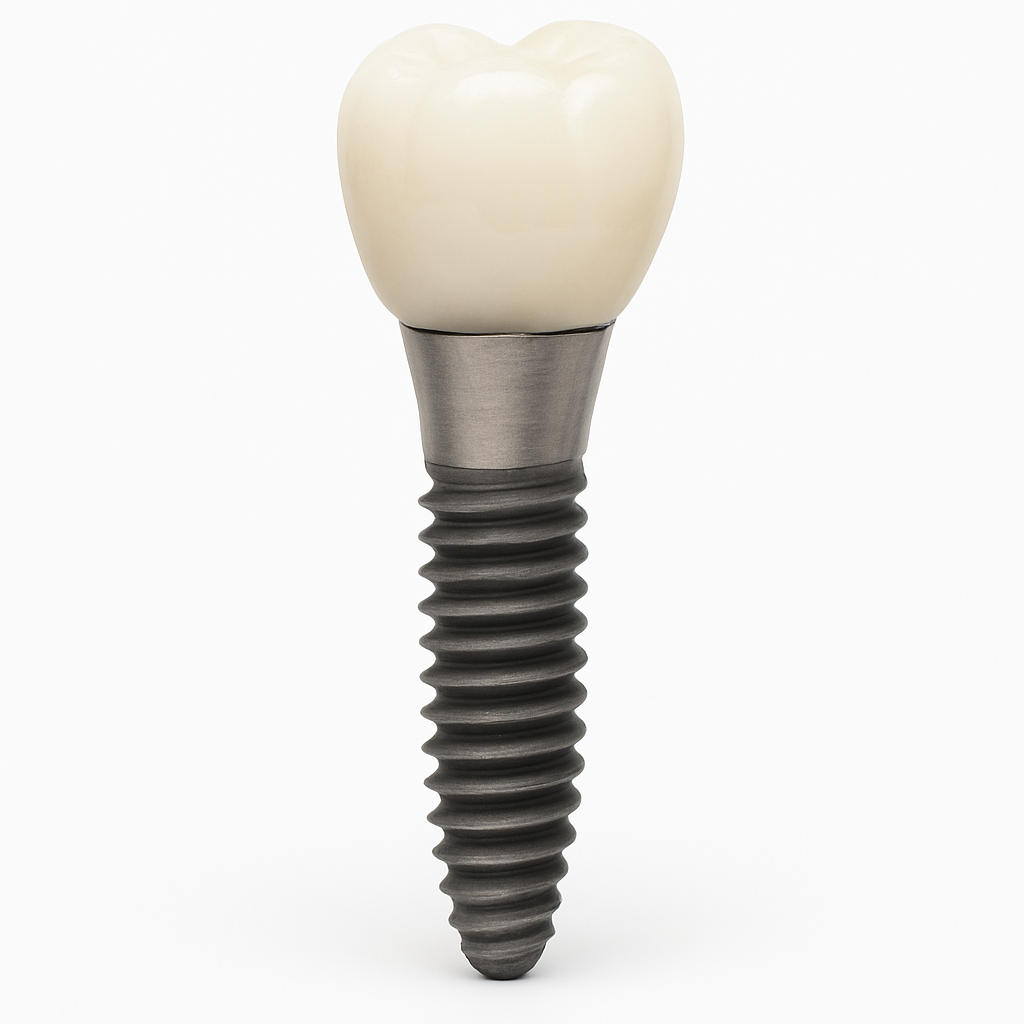 Dental implant model showing titanium post and ceramic crown
