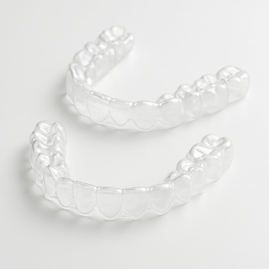 Clear Invisalign dental aligners on a white surface