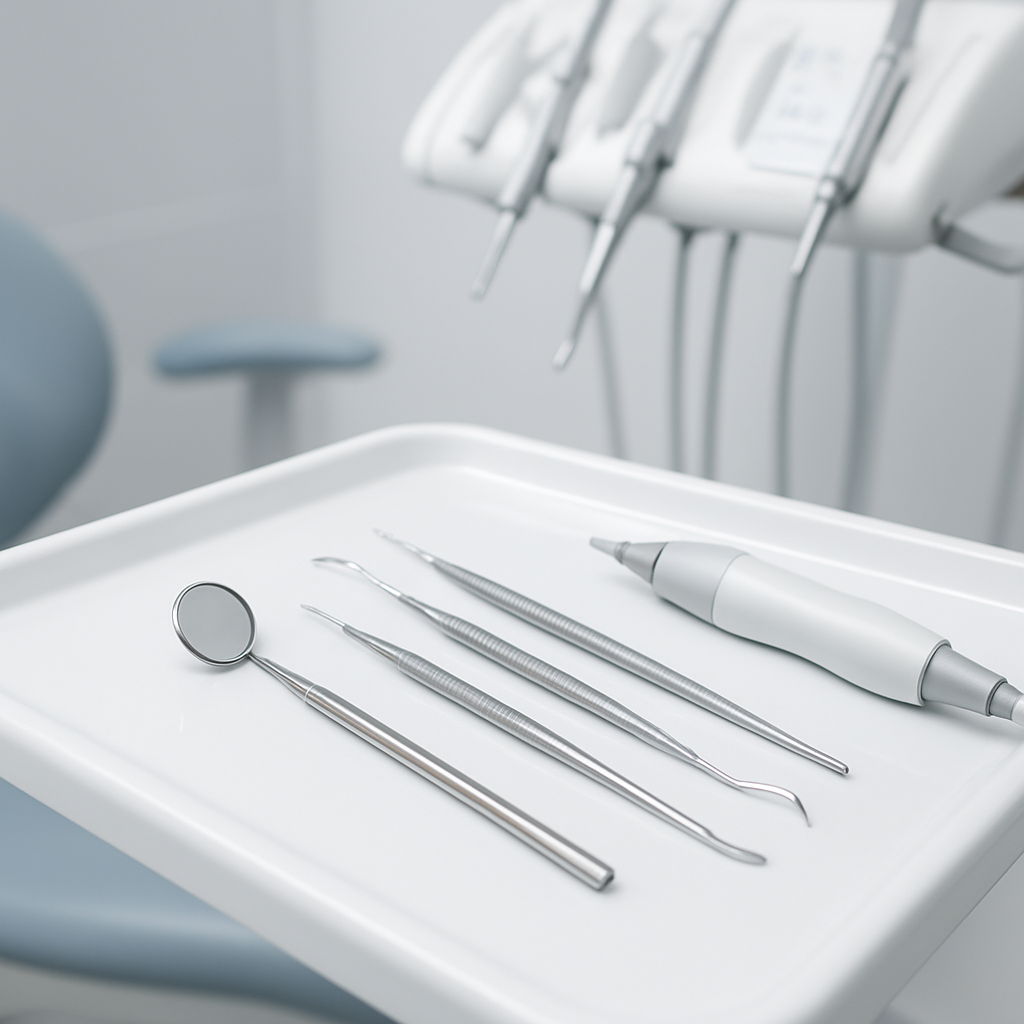 Dental instruments laid out on a clean clinic tray